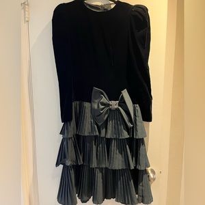 Black Velvet and Taffeta 1980s dress with giant bow and shoulder pads!